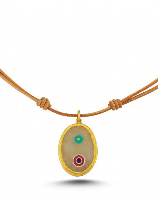 Oval Evil Eye Necklace with Leather Strap