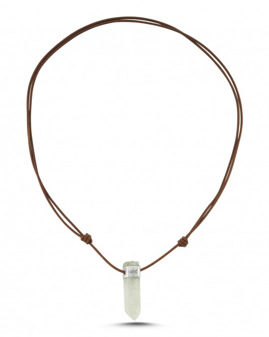 Rough Quartz Rod Silver Necklace With Leather Strap